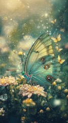 Wall Mural -  A tight shot of a butterfly on a bloom, its wings speckled with water droplets, backdrop softly blurred