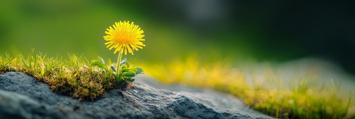  A solitary dandelion atop a rock amidst a sea of grass and soil