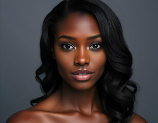 Canvas Print - African woman model, wavy hair, beautiful makeup, studio shot, gray background, close-up of face, full lips, beautiful eyes looking at camera, fashion