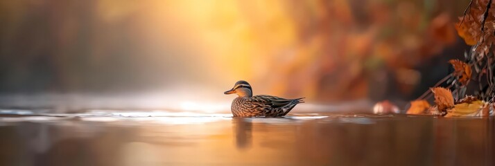 Wall Mural -  A duck floats on a body of water adjacent to a forest, its leaves predominantly orange and yellow