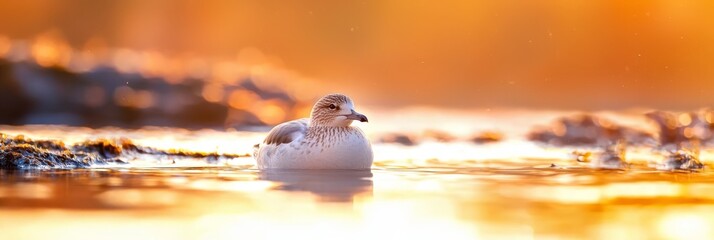 Canvas Print -  A tight shot of a duck over water, surrounded by a hazy backdrop of trees and shrubs