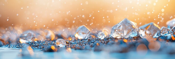 Canvas Print -  A collection of ice cubes atop a stack of blue and yellow ones on a table