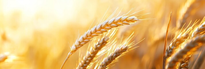 Poster -  A tight shot of wheat field, sun illuminating wheat spikes in foreground