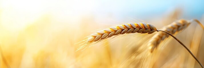 Poster -  A tight shot of a wheat field with a hazy sky and a sunbeam in the foreground