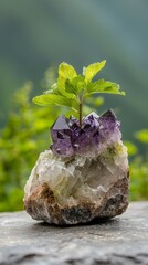 Wall Mural -  A plant emerges from a rock, its roots embedded firmly Amethyst-hued crystals intermingle with vibrant green foliage