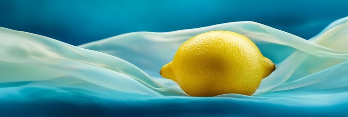 Wall Mural -  A leMON in crystal-clear water, white fabric draped over it Blue backdrop