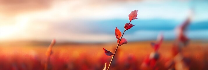 Wall Mural -   a red plant in the heart of a field against a blue sky backdrop