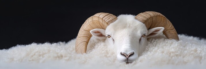 Wall Mural -  A tight shot of a ram's head atop a mound of soft, white woolly sheep's fur