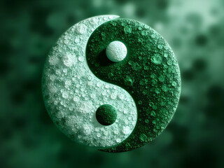 green yin yang symbol with textured droplets highlighting balance and harmony in a serene abstract b