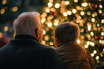 Wall Mural - A man and a child are sitting in front of a Christmas tree