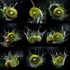 Poster - A collage of nine images showcasing kiwi fruit slices falling into water, creating vibrant splashes.