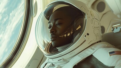 Wall Mural - portrait of astronaut black man in space suit, inside the interior of futuristic white spaceship with large windows  
