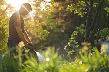 Wall Mural - a man is watering plants