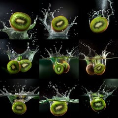 Poster - A collage of halved kiwi fruit splashing into water against a black background.