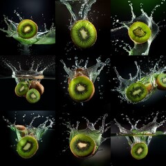 Poster - Kiwi fruit slices splashing into water with a dark background.