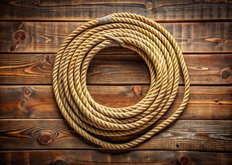 coiled lasso rope with intricate patterns and braids, set against a rustic wooden background, evokin