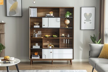 Stylish bookcase with white and walnut finish, two drawers, elegant dining room setting with modern furniture, coffee table with tea and pastries.