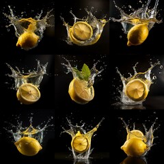 Poster - Lemons splashing into water creating a large crown of water droplets on a black background.