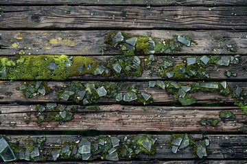 Poster - grunge texture old weathered wooden planks surface background with peeling paint, moss and glass shards top view