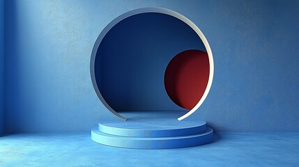 Modern circular design in a blue room with contrasting red accents, creating a stylish and creative atmosphere.