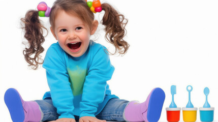 Smiling daughter enjoying childhood joy, sitting with a cute expression of happiness.