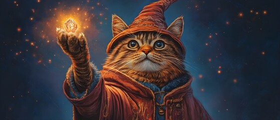 Cat in Wizard Robe Holding Glowing Crystal in Paw.