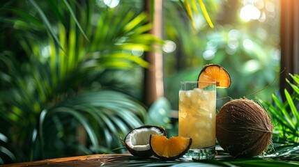 Wall Mural - Coconut and glass. Natural Refreshment Picture. Green Coconut. 