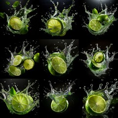 Poster - Lime slices splash in water, creating a dramatic and refreshing display against a black background.