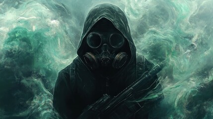 hooded figure, The figure is wearing a full-face gas mask with ski goggles