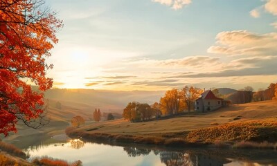 Wall Mural - Autumn colors in a peaceful rural landscape, Video