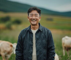 Sticker - A man smiles in a field with cows in the background. AI.