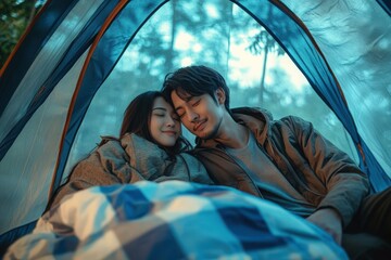 Asian couple sweet in tent inside on they camping trip, traveller relax and sleep togather in out door and camping trip