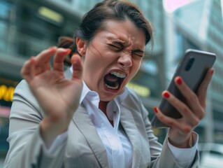 Canvas Print - A woman yells into her phone in frustration. AI.