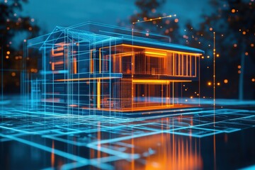 A futuristic hologram of a contemporary house projected above a digital surface, illustrating a cutting-edge tech concept for the real estate or architecture industry