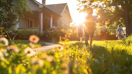 Poster - A child walks home from school with a backpack on. AI.