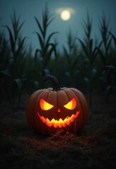 Sticker - A glowing Jack-o'-lantern with a carved, menacing face, placed in an eerie cornfield setting, capturing the essence of Halloween and spooky, rural atmosphere