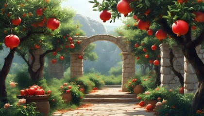 Wall Mural - Lush pomegranate orchard with vibrant fruits and lush greenery created by generative AI artistry