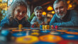 © CreativeIMGIdeas - A family of three playing a board game with dice. The man is smiling and the children are laughing