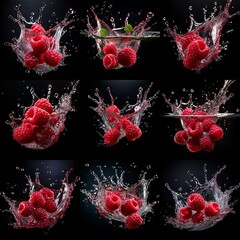 Poster - Red raspberries fall into clear water, creating a splash on a black background.