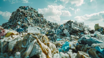 A mountain of trash is piled high, with a blue sky in the background