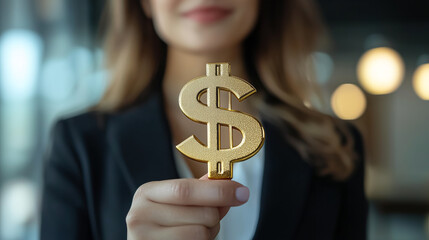 Sticker - Businesswoman showing a 3D dollar sign in gold color,