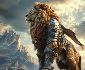 lion in armor on a background of mountains.