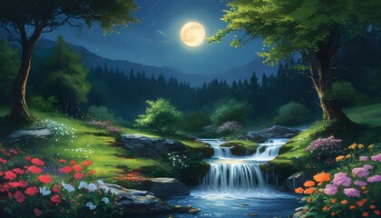 Wall Mural - Tranquil nighttime forest with a flowing waterfall, moonlight illuminating vibrant flowers and lush greenery