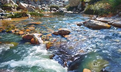 Canvas Print - Mountain stream with clear water and rocky banks, Video