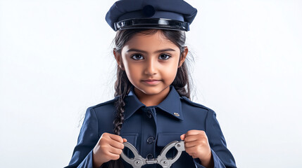 Wall Mural - Indian girl dressed as a police officer, holding handcuffs