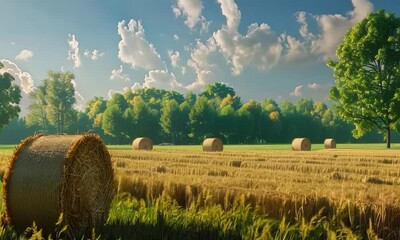 Wall Mural - Scenic hay bales in a freshly mown field, Video