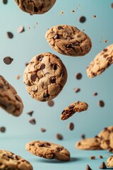 A stack of chocolate chip cookies falling through the air 