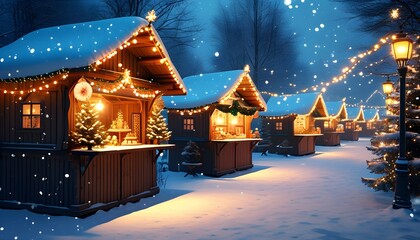 Enchanting winter market adorned with festive lights and snow, featuring quaint wooden stalls and festive holiday decorations