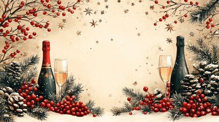 Festive scene with champagne, glasses, and seasonal decorations.