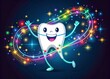© Arnada - Colorful illustration of dental floss strands forming a dancing figure, surrounded by sparkling teeth and stars,